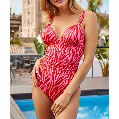 Pink Zebra Print Ruched Detail Swimsuit With Gold Detail - SOSANDAR - Modalova