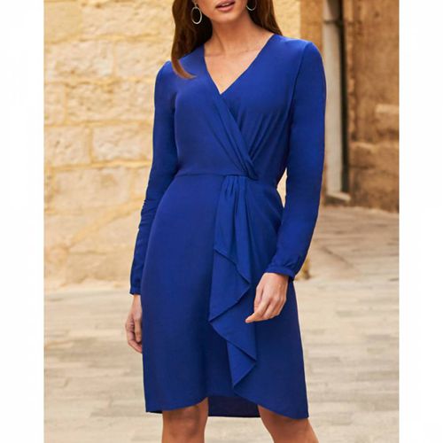 Blue Ruffle Detail Faux Wrap Dress - SOSANDAR - Modalova