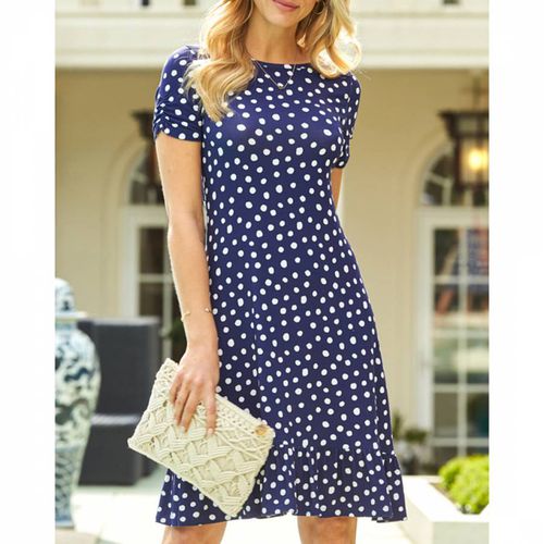 Navy & White Spot Print Ruched Sleeve Jersey Shift Dress - SOSANDAR - Modalova