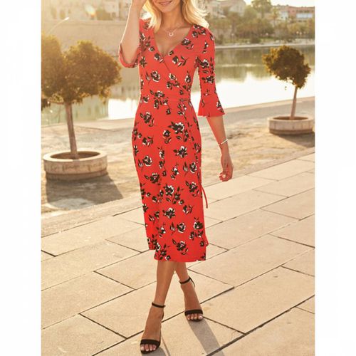 Red & Black Floral Print Jersey Midi Dress - SOSANDAR - Modalova