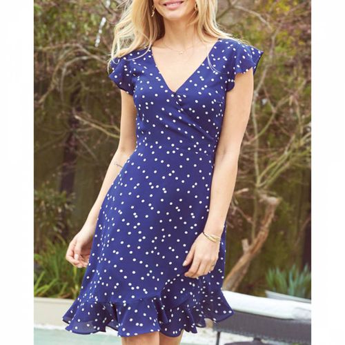 Navy & White Spot Print Ruffle Hem Wrap Dress - SOSANDAR - Modalova