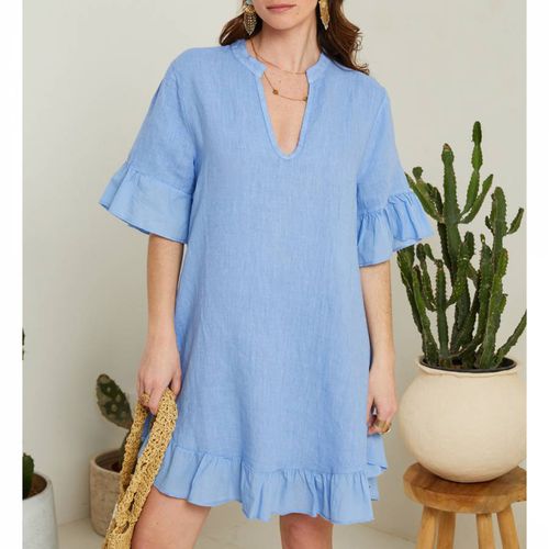 Blue Notch Collar Linen Mini Dress - LE MONDE DU LIN - Modalova