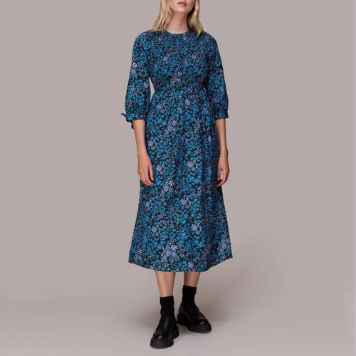 Blue Floral Shirred Cotton Midi Dress - WHISTLES - Modalova