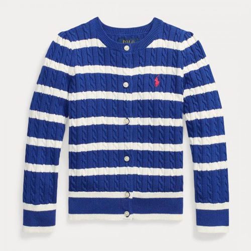 Toddler Girl's Royal Blue Striped Cable Knit Cotton Cardigan - Polo Ralph Lauren - Modalova