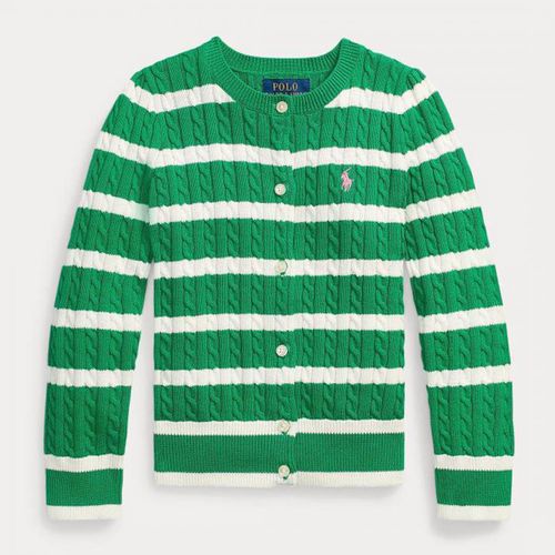 Toddler Girl's Green Striped Cable Knit Cotton Cardigan - Polo Ralph Lauren - Modalova