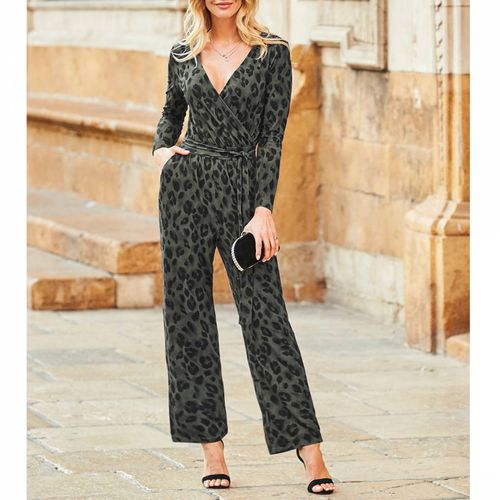 Khaki Animal Print Jumpsuit - SOSANDAR - Modalova