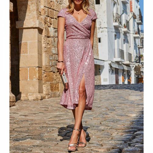 Pink Sequin Wrap Front Dress - SOSANDAR - Modalova
