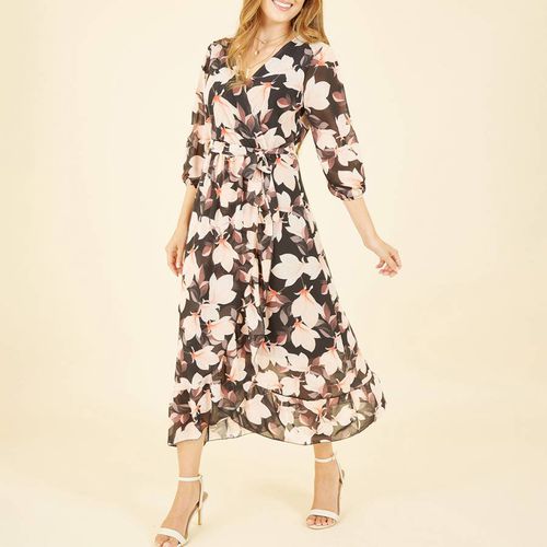 Black Blossom Wrap Midi Dress - Yumi - Modalova