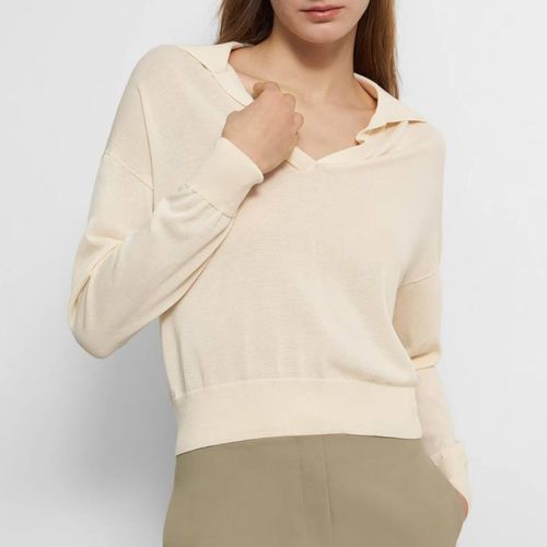 Cream Cotton Long Sleeve Polo - Theory - Modalova