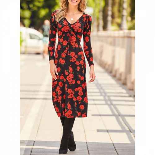 Red Floral Print Ruched Front V Neck Midi Jersey Dress - SOSANDAR - Modalova