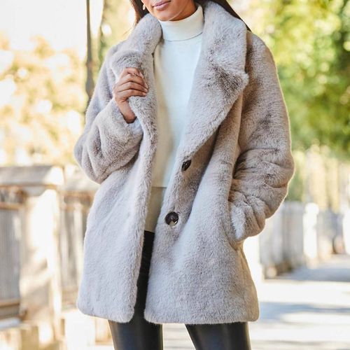 Taupe Premium Faux Fur Coat With Button Detail - SOSANDAR - Modalova