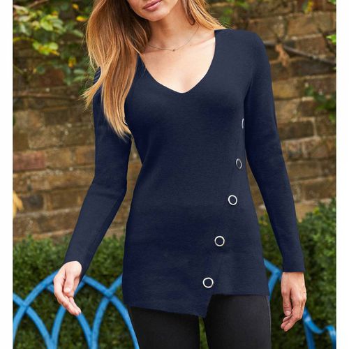 Navy Eyelet Detail V Neck Jumper - SOSANDAR - Modalova