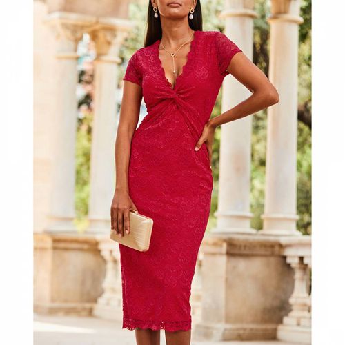 Raspberry Short Sleeve Lace Jersey Dress - SOSANDAR - Modalova