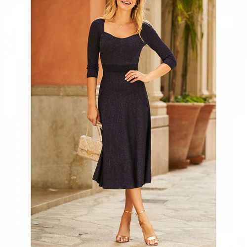 Navy Metallic Sweetheart Neckline Fit & Flare Knitted Dress - SOSANDAR - Modalova