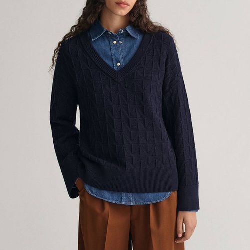 Navy Herringbone V-Neck Merino Wool Blend Jumper - Gant - Modalova