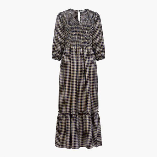 Navy Check V-Neck Smocked Midi Dress - Great Plains - Modalova