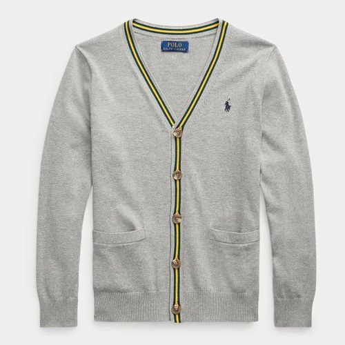 Older Boy's Grey V-Neck Cotton Cardigan - Polo Ralph Lauren - Modalova