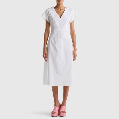 White V Neck Cotton Midi Dress - United Colors of Benetton - Modalova