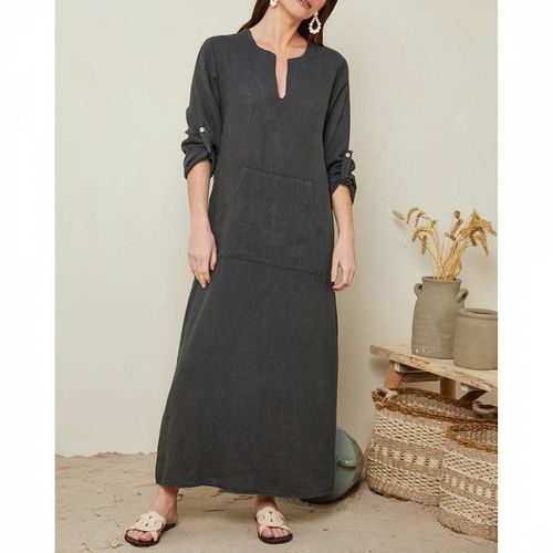 Grey Open Neck Linen Dress - LE MONDE DU LIN - Modalova