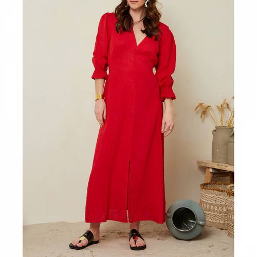 Red V-neck Linen Dress - LE MONDE DU LIN - Modalova