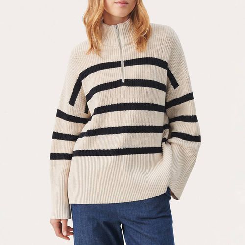 Beige and Black Stripe Zip Cotton Jumper - Part Two - Modalova