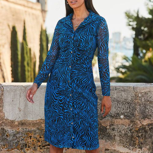 Blue Zebra Print Mesh Shirt Dress - SOSANDAR - Modalova