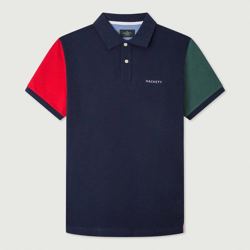 Navy Colour Block Cotton Polo Shirt - Hackett London - Modalova