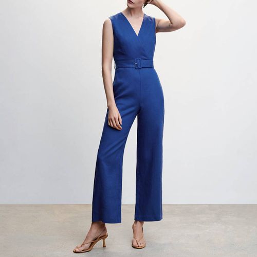 Blue Linen Jumpsuit With Belt - Mango - Modalova