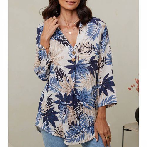 Dark Blue Printed Linen Top - LE MONDE DU LIN - Modalova