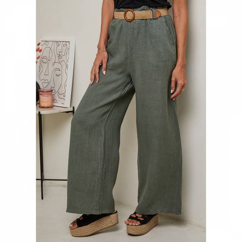 Khaki Linen Trousers - LE MONDE DU LIN - Modalova