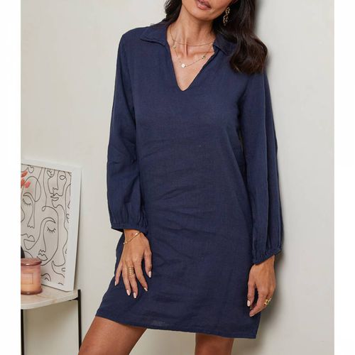 Navy V-Neck Linen Mini Dress - LE MONDE DU LIN - Modalova