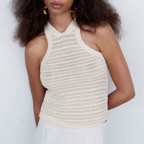 Ecru Halter Neck Crochet Top - Mango - Modalova