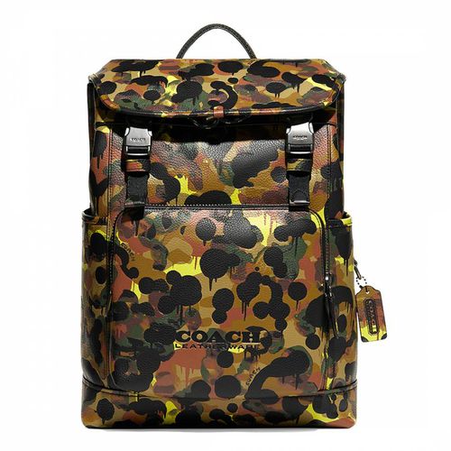 Neon Yellow Brown League Flap Backpack In Camo Print Leather - Coach - Modalova