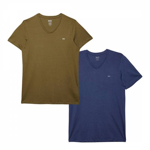 Khaki/Navy V-Neck Cotton 2 Pack T-Shirt - Diesel - Modalova