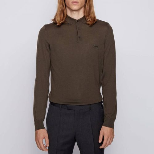 Khaki Bono Long Sleeve Wool Polo Shirt - BOSS - Modalova