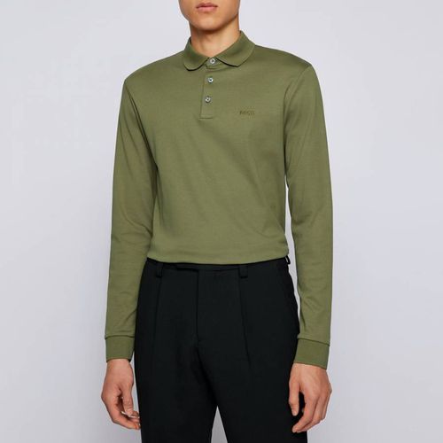 Khaki Pado Long Sleeve Cotton Polo Shirt - BOSS - Modalova