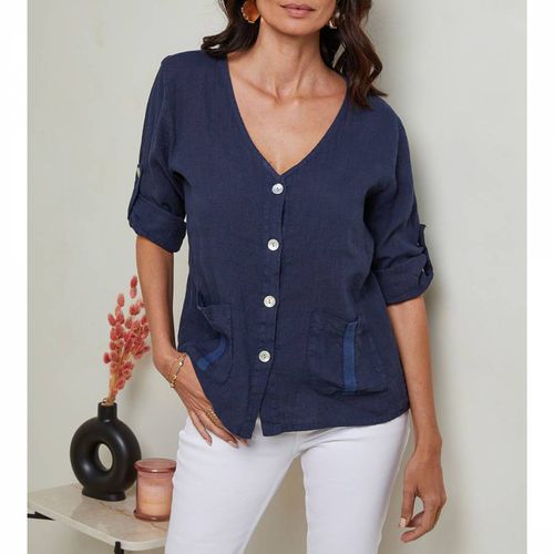 Navy V-Neck Linen Blouse - LE MONDE DU LIN - Modalova