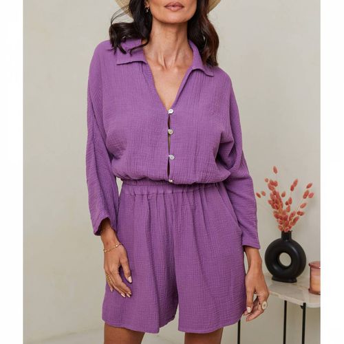 Purple Shirt Linen Playsuit - LE MONDE DU LIN - Modalova
