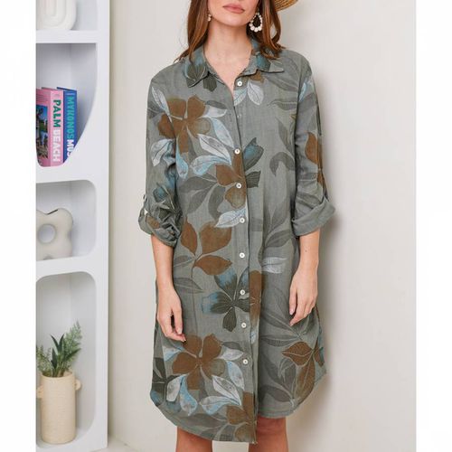 Khaki Printed Shirt Linen Dress - LE MONDE DU LIN - Modalova