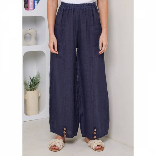 Navy Elasticated Linen Trousers - LE MONDE DU LIN - Modalova