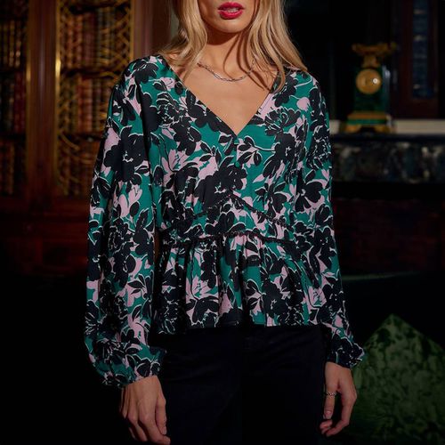 Green Peplum V Neck Floral Blouse - Another Sunday - Modalova