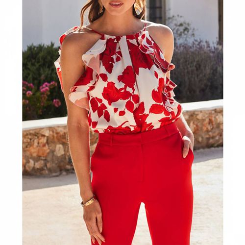 Red Floral Print Frill Detail Satin Top - SOSANDAR - Modalova