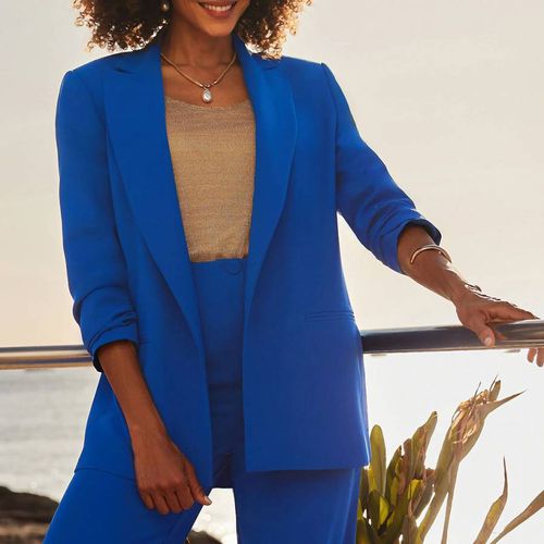 Blue Ruched Sleeve Longline Blazer - SOSANDAR - Modalova