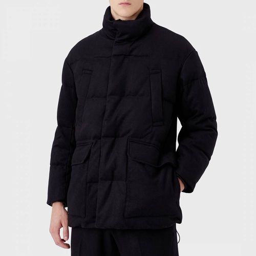 Black High Neck Quilted Wool Blend Coat - Emporio Armani - Modalova