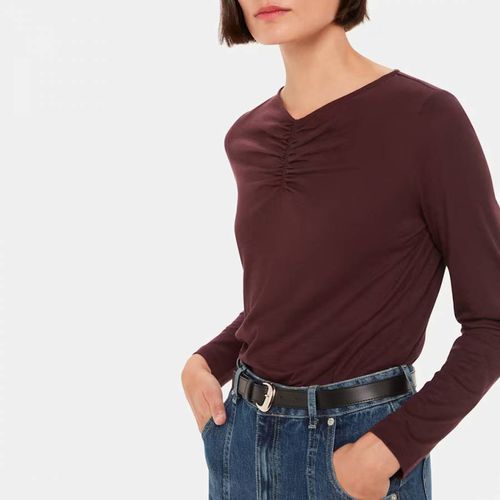 Burgundy High V-Neck Ruched Cotton Blend Top - WHISTLES - Modalova