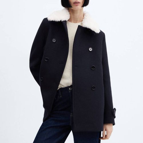 Navy Faux Fur Collar Coat - Mango - Modalova