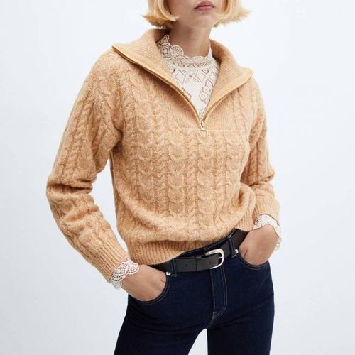 Brown Cable-Knit Zip-Neck Jumper - Mango - Modalova