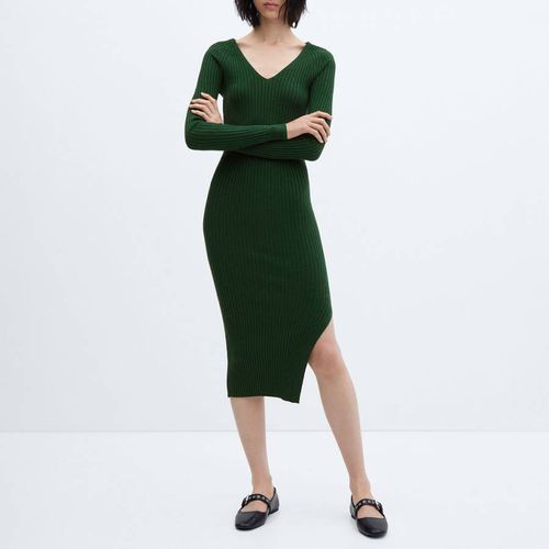 Green Ribbed V-Neck Dress - Mango - Modalova