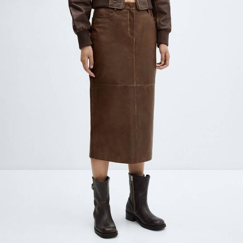 Brown Leather Midi Skirt - Mango - Modalova