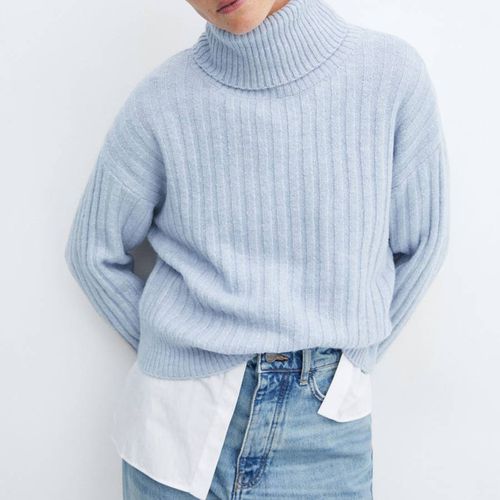 Sky Blue Rolled Neck Cable Jumper - Mango - Modalova